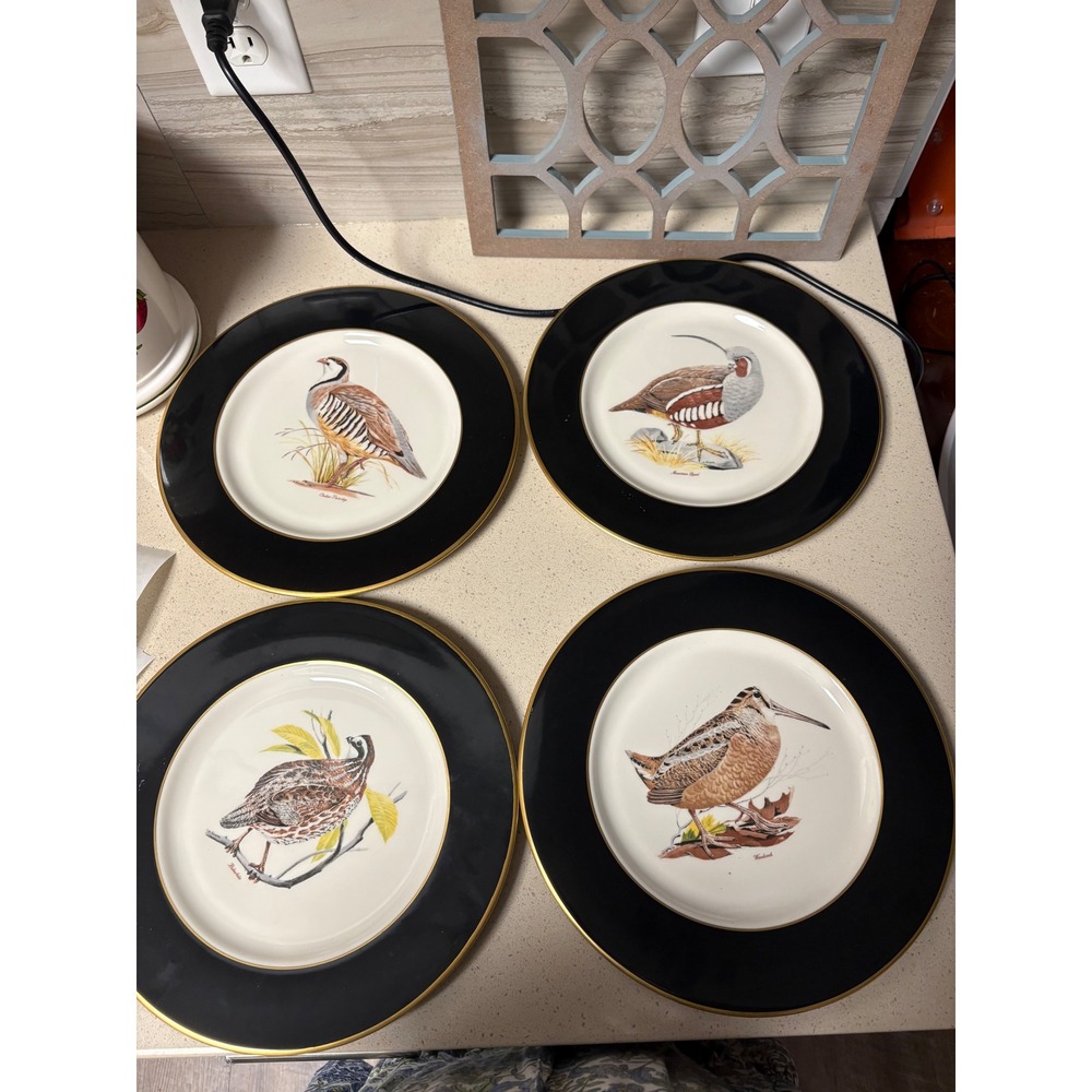 Set of 4 American Manor China Interpace Game Bird Plates Black Gold Trim USA